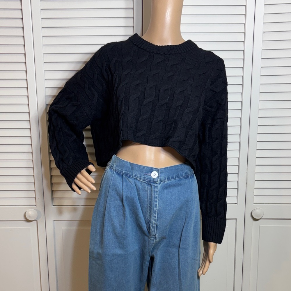 Babaton Black Cable Knit Cropped Sweater